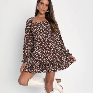Lulus - (NWT) Coy Charm Brown Floral Print Long Sleeve Mini Dress - Size Small